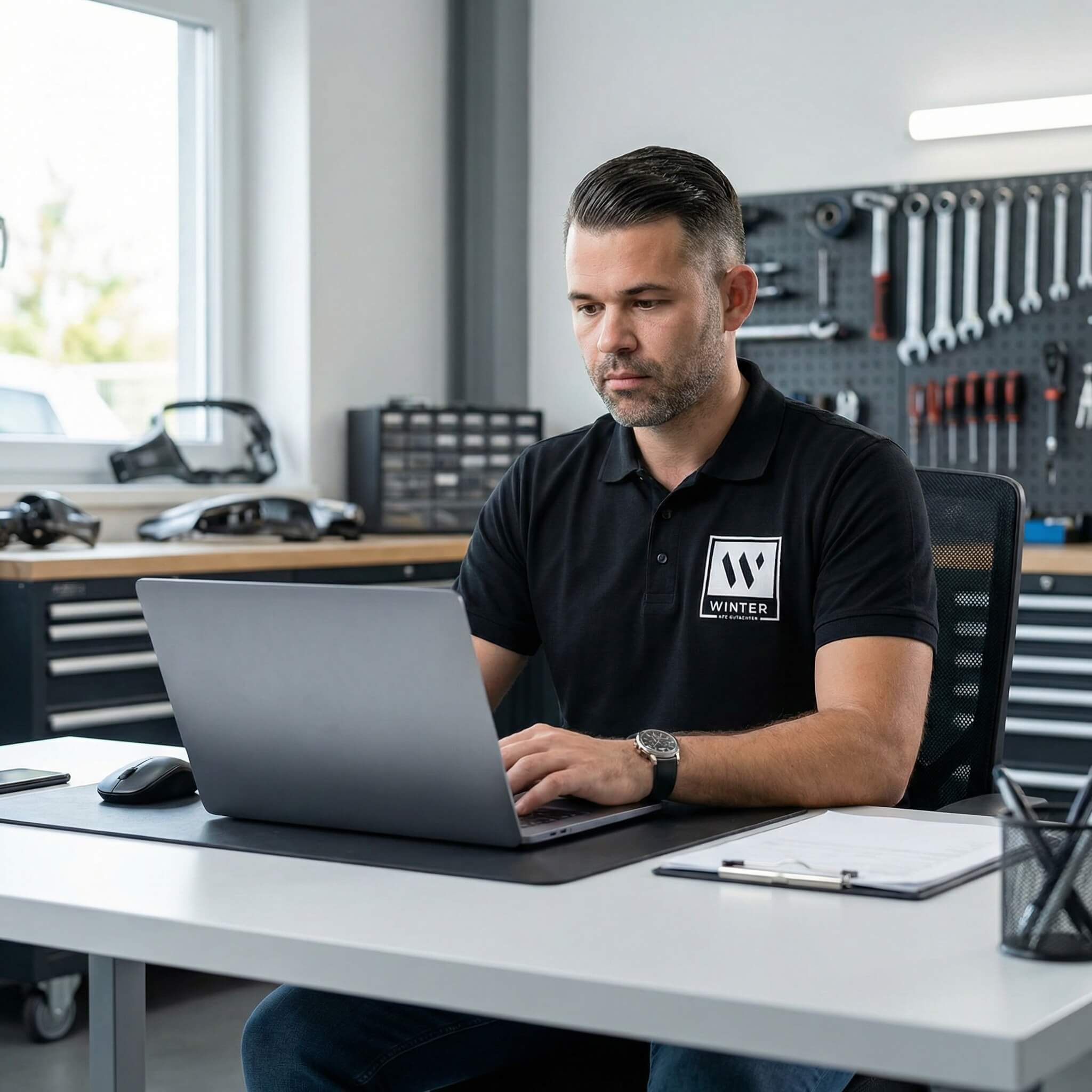 Ein Mann im schwarzen Poloshirt erstellt am Laptop in einer Werkstatt ein Unfallgutachten, hinter ihm hängen Werkzeuge an der Wand