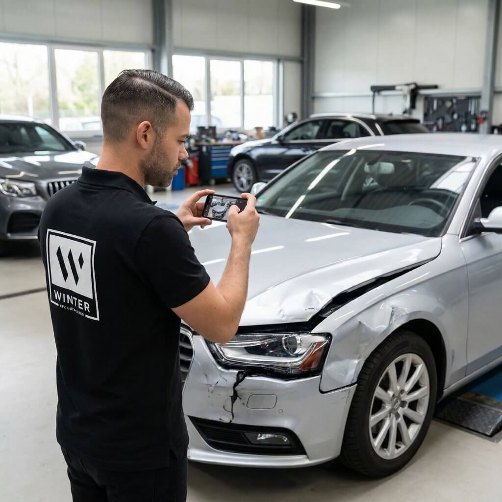 Ein Mann fotografiert in einer Autowerkstatt ein silbernes Auto mit Frontschaden für ein Kfz-Gutachten