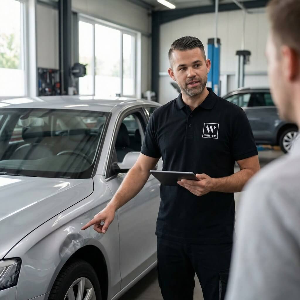 Ein Mann im schwarzen Poloshirt zeigt auf eine Delle am silbernen Auto und bespricht das Unfallgutachten mit einer weiteren Person