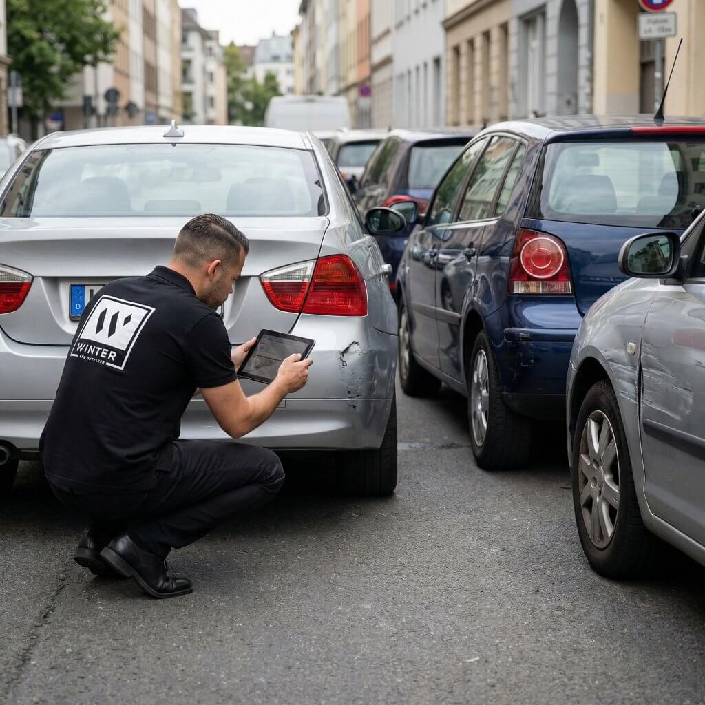 Ein Mann fotografiert den Unfallschaden am hinteren Stoßfänger eines silbernen Autos auf einer belebten Innenstadtstraße