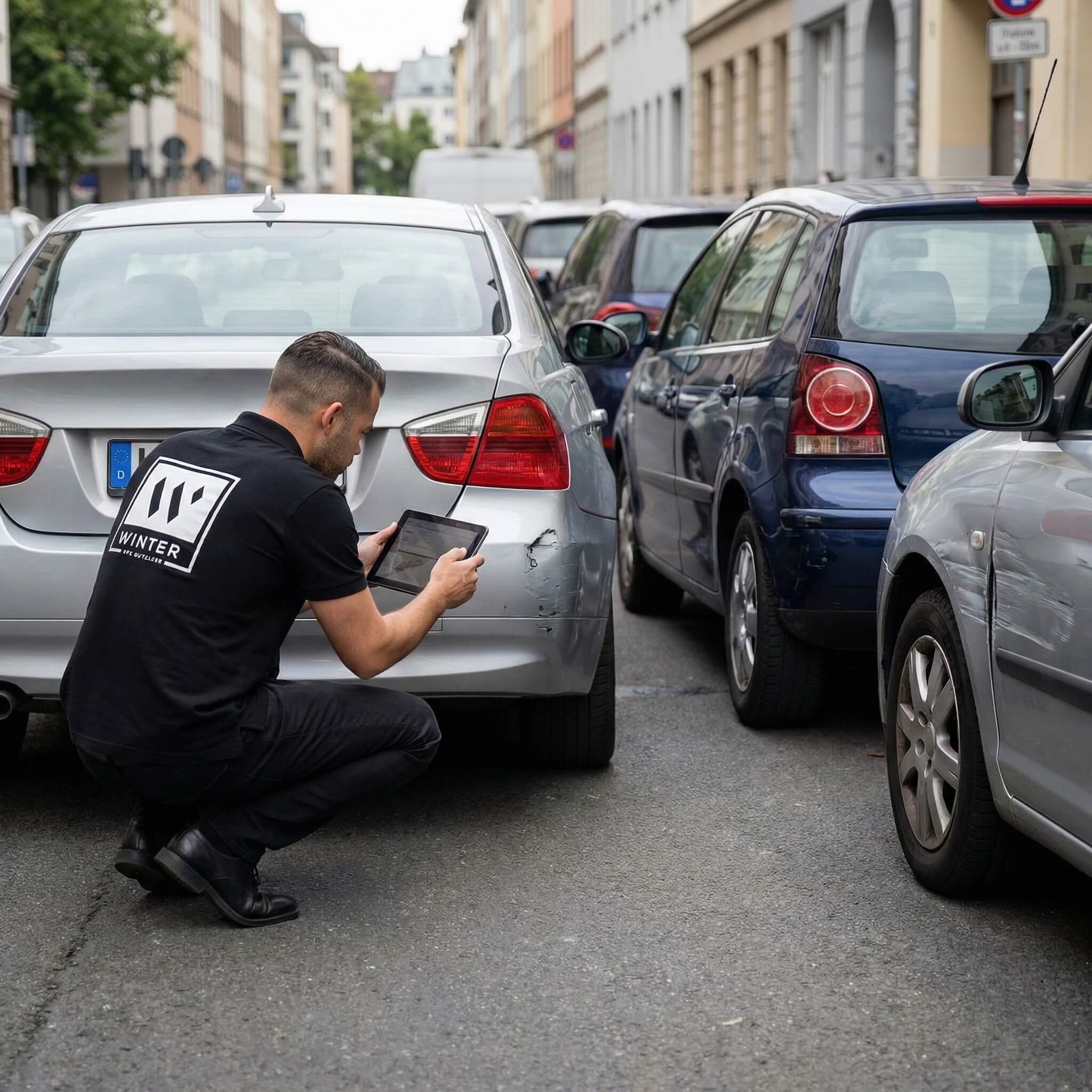 Ein Mann fotografiert den Unfallschaden am hinteren Stoßfänger eines silbernen Autos auf einer belebten Innenstadtstraße