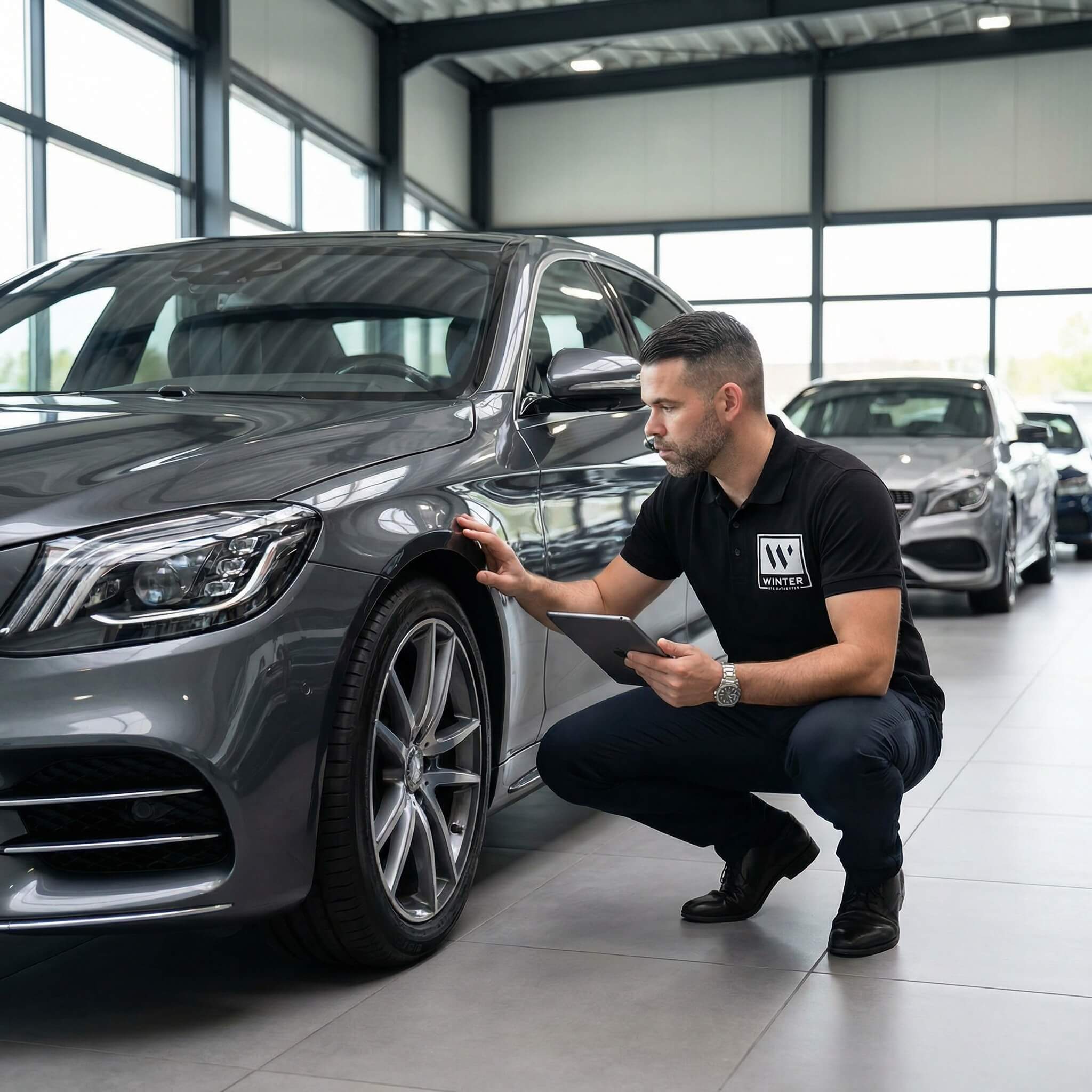 Ein Mann begutachtet ein graues Auto im Ausstellungsraum, hält ein Tablet in der Hand und hockt neben dem linken Vorderrad