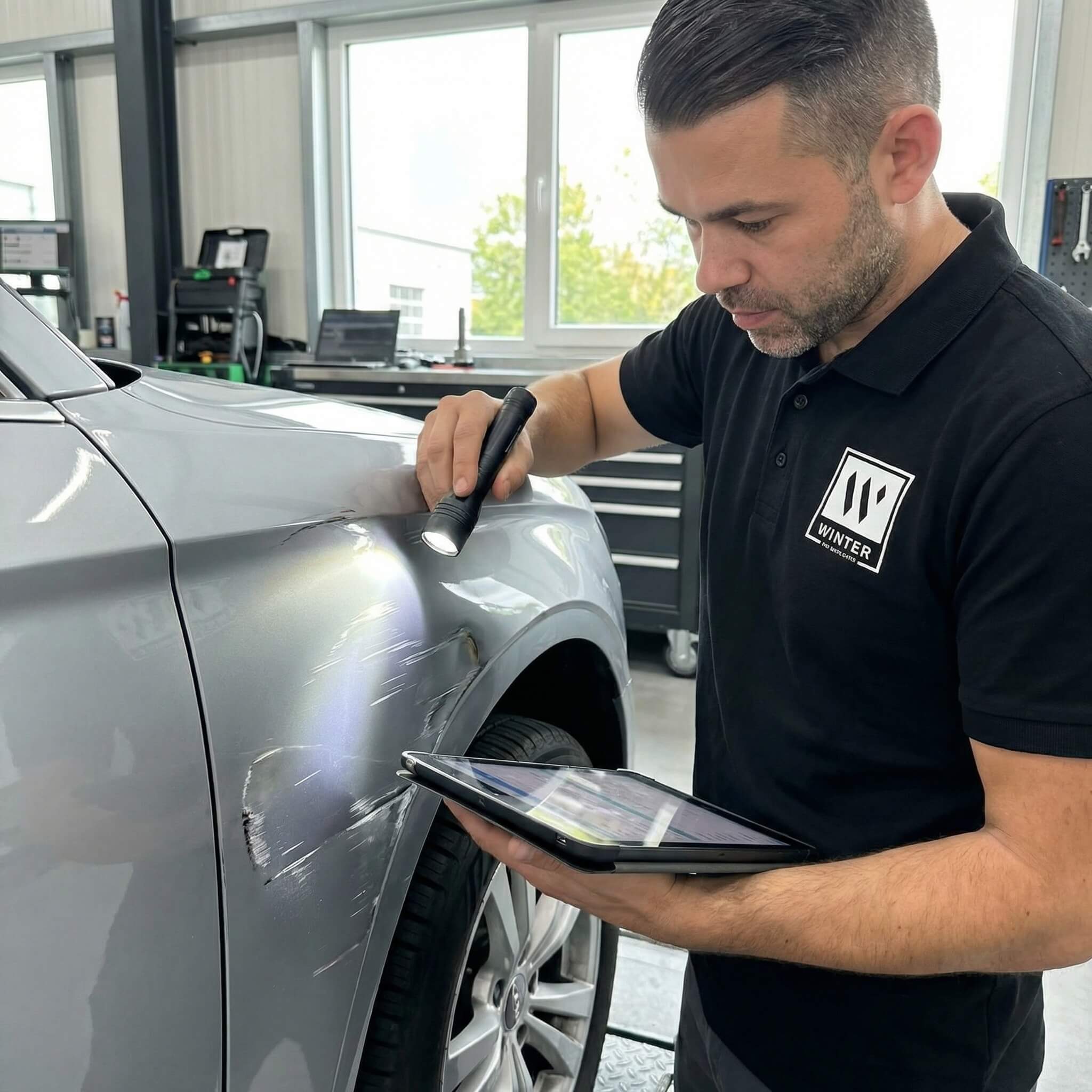 Ein Mann begutachtet mit einer Taschenlampe Kratzer am Kotflügel eines Autos und hält dabei ein Tablet in einer Autowerkstatt