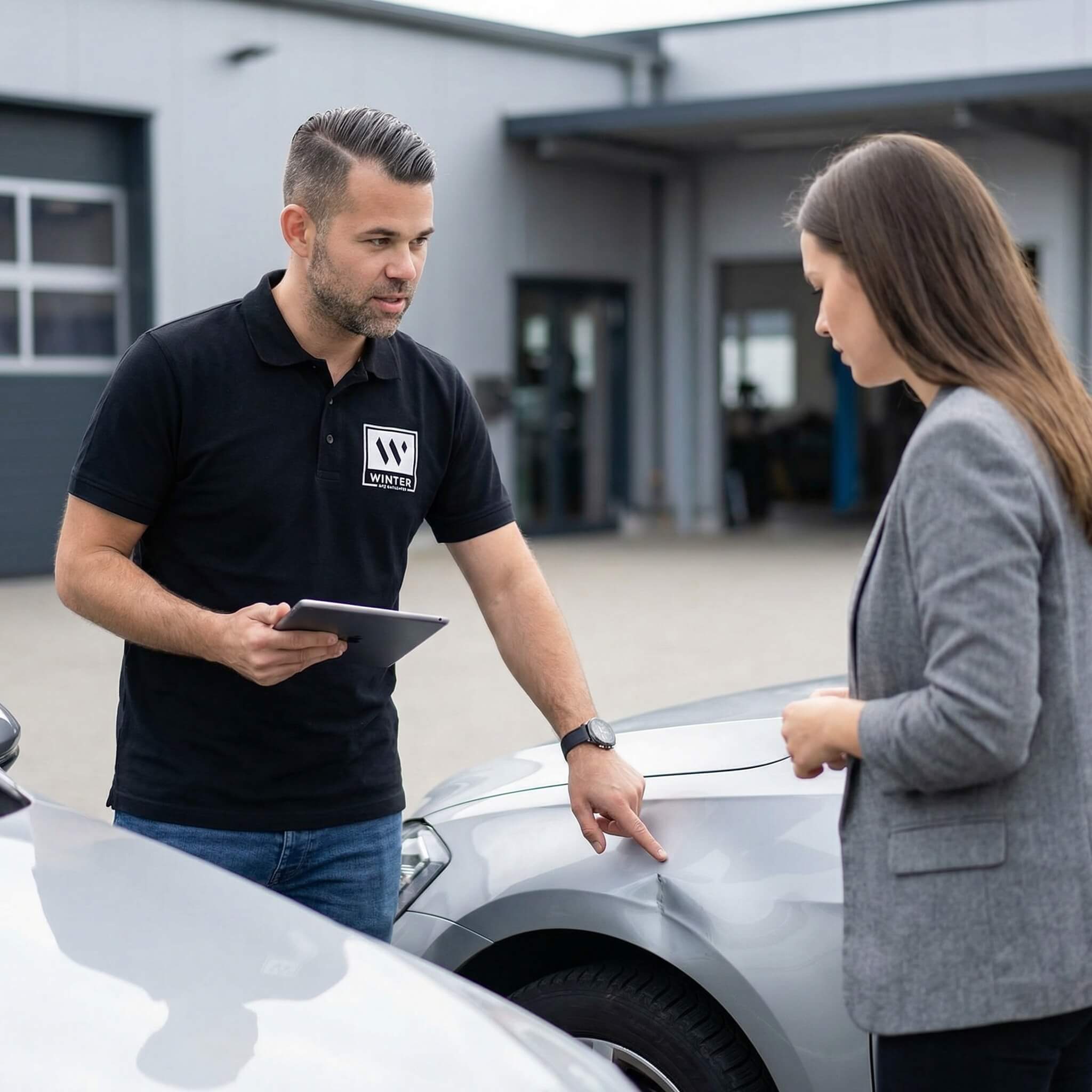 Ein Mitarbeiter einer Autowerkstatt im schwarzen Polo zeigt einer Kundin am Tablet den Unfallschaden an einem Auto vor der Werkstatt