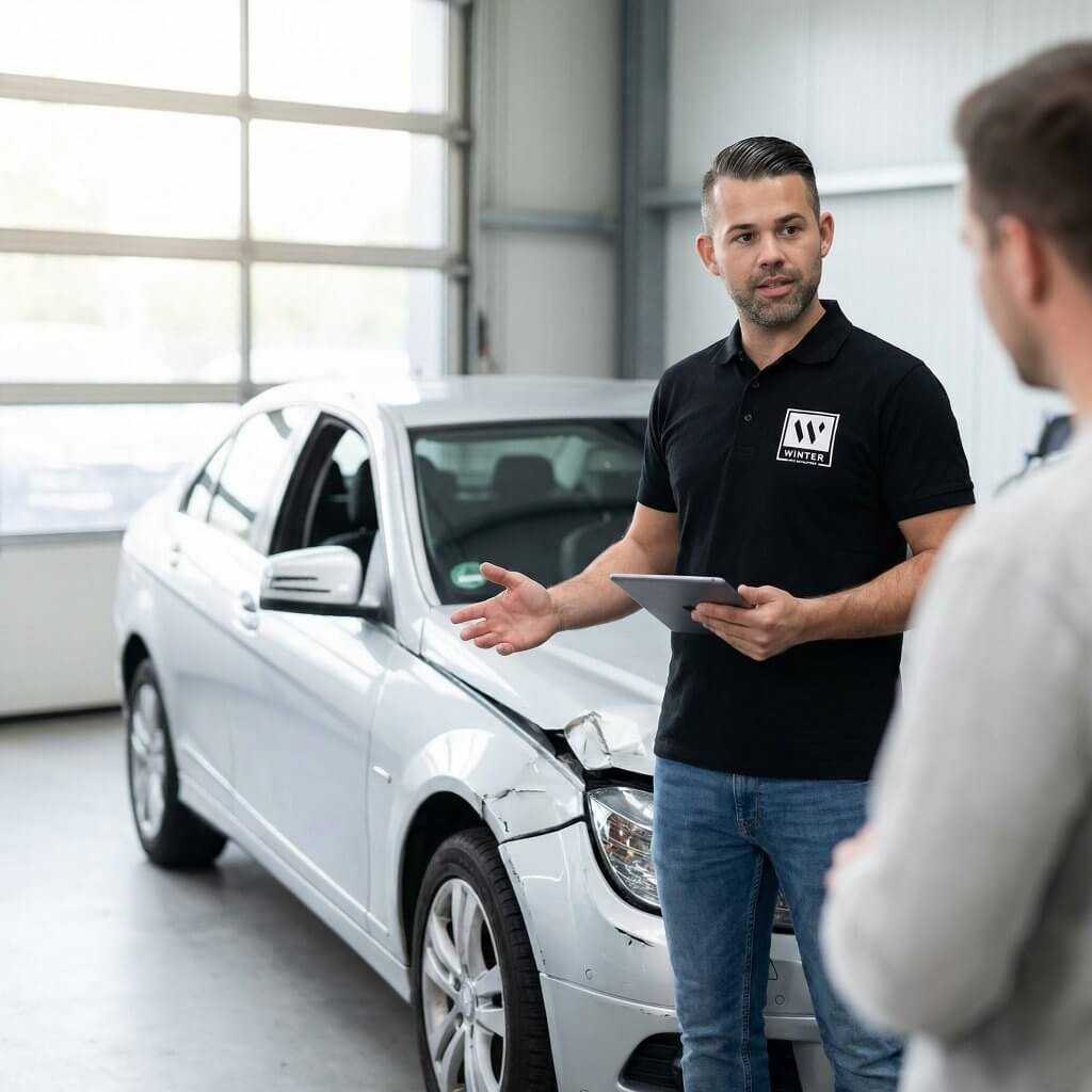 Ein Mann mit Tablet spricht mit einer anderen Person neben einem silbernen Auto mit sichtbaren Schäden in einer Werkstatt