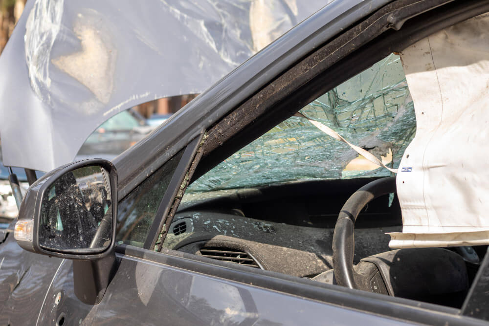 Nahaufnahme eines Autos nach einem Unfall mit zerbrochener Windschutzscheibe, beschädigter Motorhaube und ausgelöstem Airbag