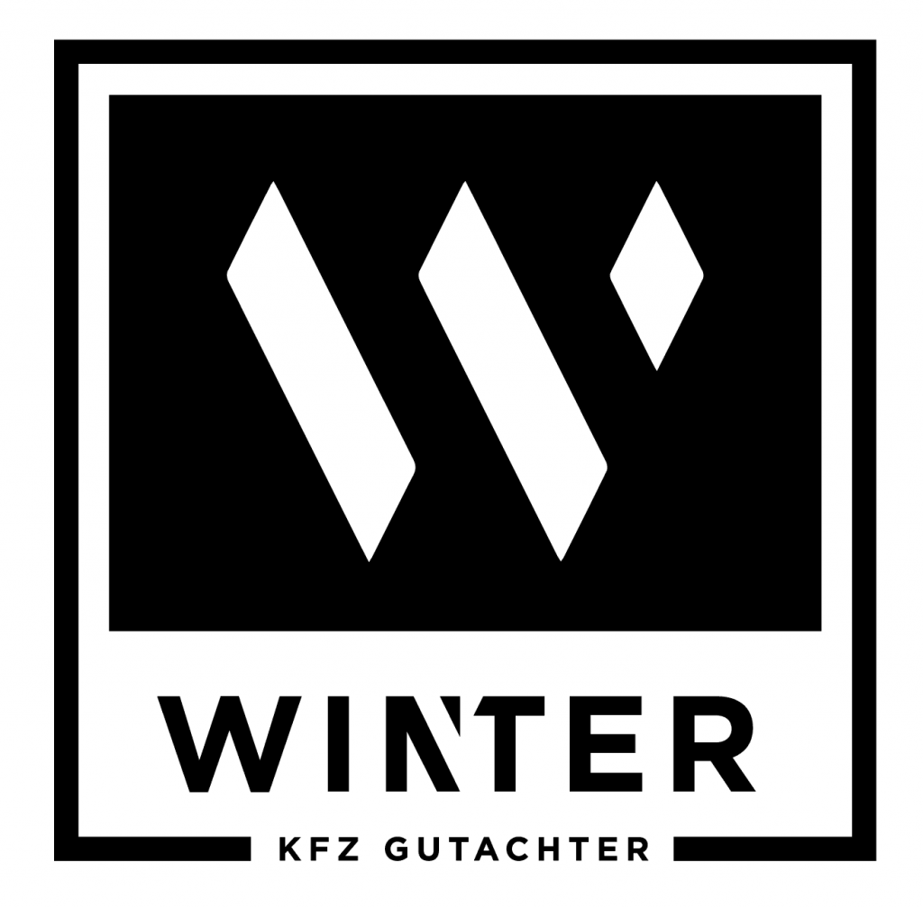 Schwarz-weißes Logo mit stilisiertem W über dem Schriftzug WINTER KFZ GUTACHTER, umrahmt von einem quadratischen Rand