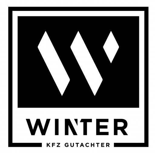 Schwarz-weißes Logo mit stilisiertem W über der Aufschrift WINTER KFZ GUTACHTER, alles von einem quadratischen Rahmen umgeben
