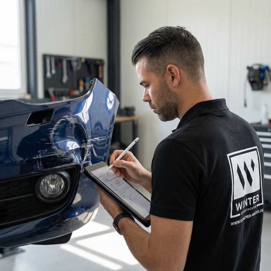 Ein Mann begutachtet für ein Unfallgutachten eine zerkratzte blaue Auto-Stoßstange und schreibt Notizen auf ein Klemmbrett in einer Werkstatt