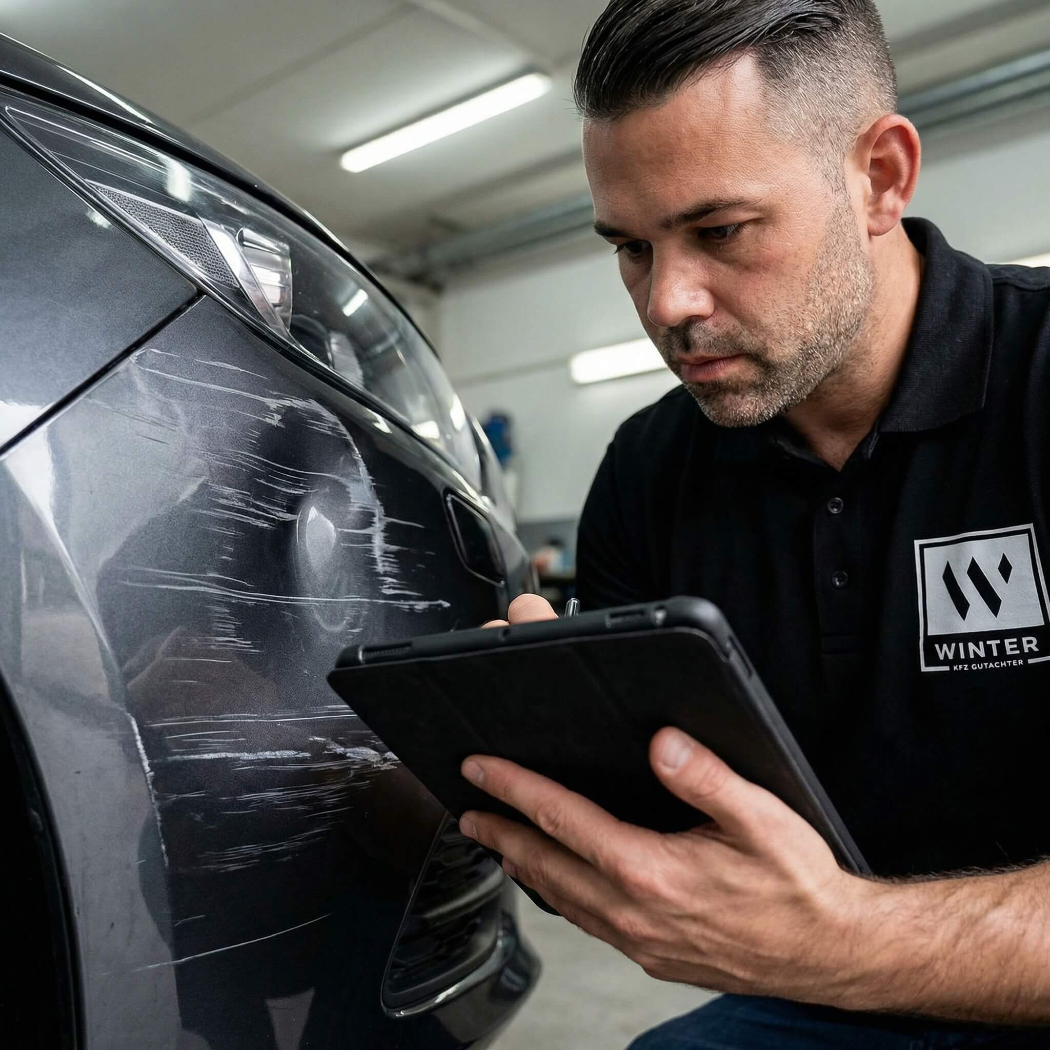 Ein Mann prüft Lackkratzer an einem Auto mit einem Tablet in einer Werkstatt, trägt ein schwarzes WINTER-Shirt und erstellt ein Unfallgutachten