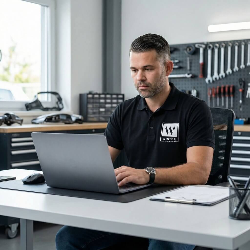Ein Mann im schwarzen Poloshirt erstellt am Laptop in einer Werkstatt ein Unfallgutachten, hinter ihm hängen Werkzeuge an der Wand