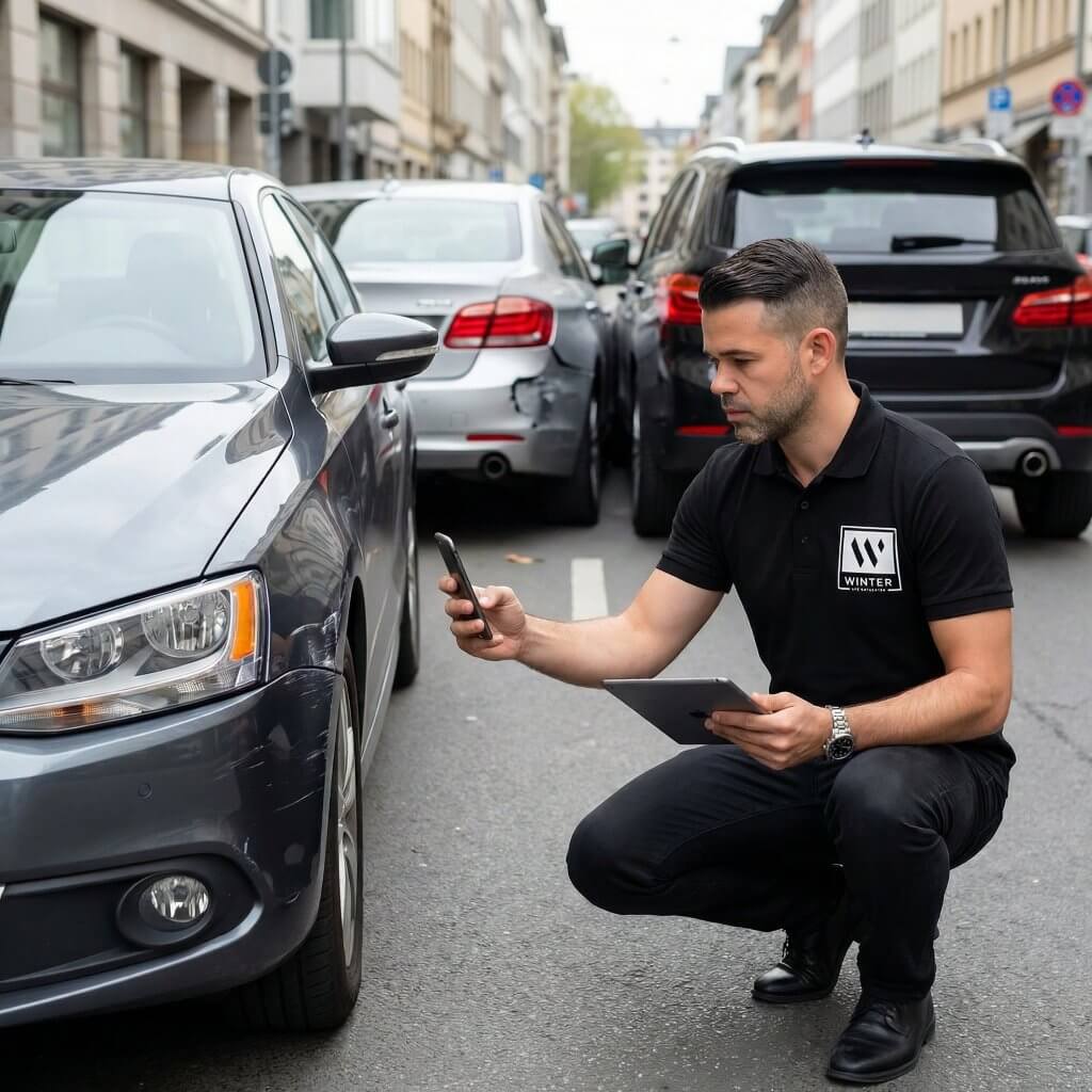 Ein Mann kniet neben einem parkenden Auto auf einer Stadtstraße, fertigt mit dem Handy Fotos für ein Unfallgutachten an und hält ein Tablet