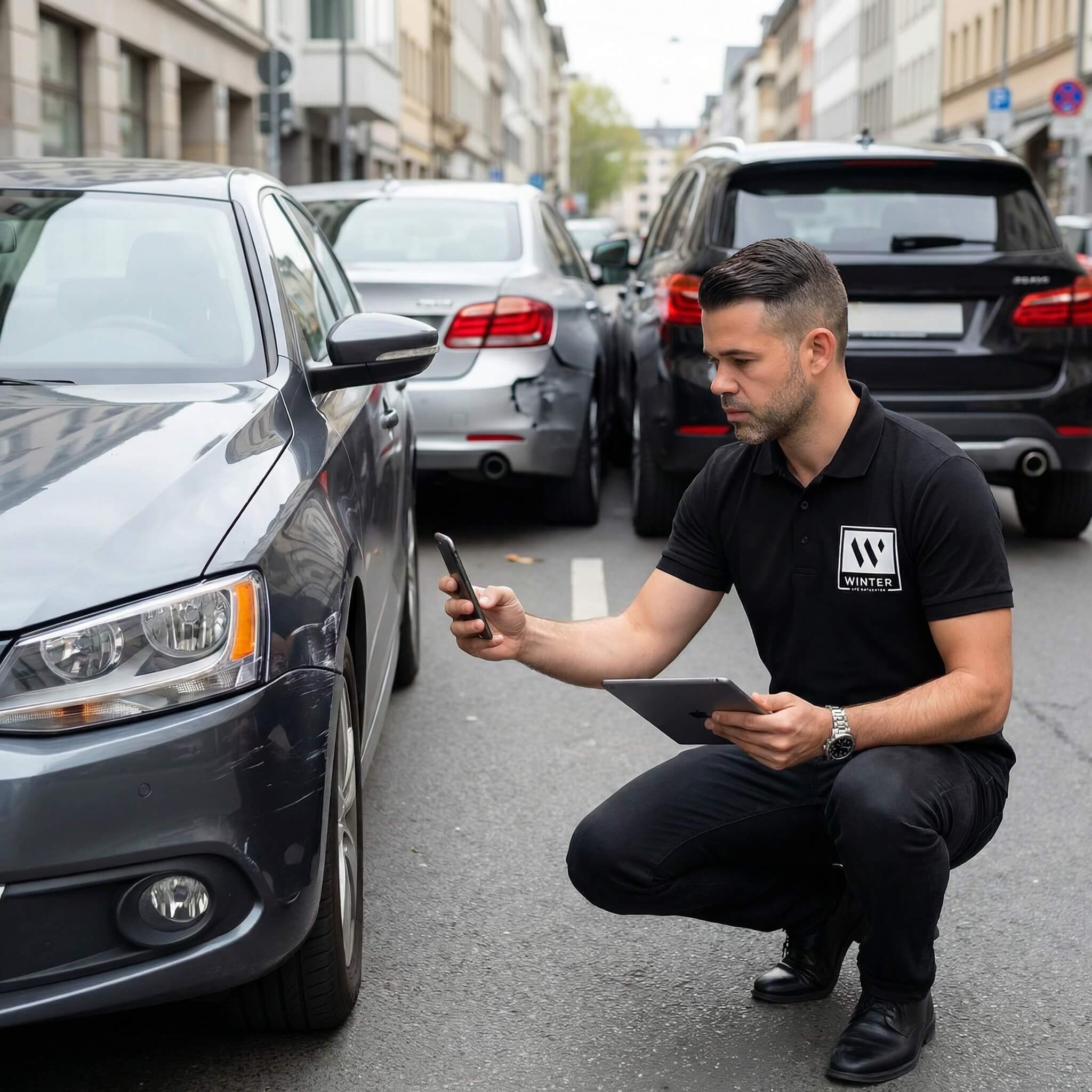 Ein Mann kniet neben einem parkenden Auto auf einer Stadtstraße, fertigt mit dem Handy Fotos für ein Unfallgutachten an und hält ein Tablet
