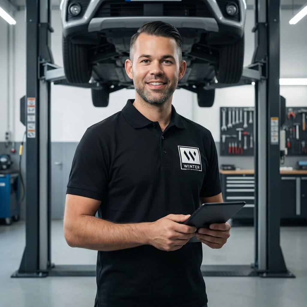 Ein Mann im schwarzen Polohemd hält ein Tablet und erstellt ein Unfallgutachten in einer Werkstatt, im Hintergrund steht ein Auto auf der Hebebühne