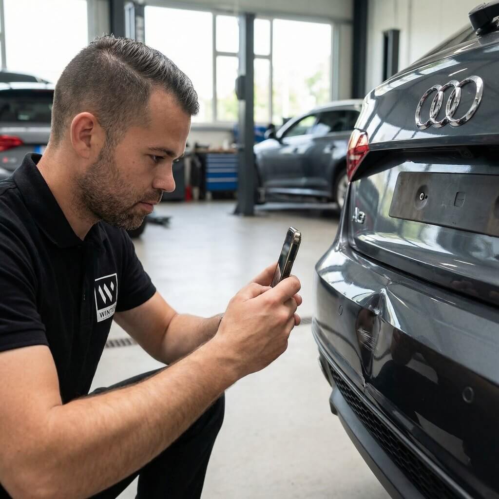 Ein Mann im schwarzen Shirt fotografiert das Heck eines dunklen Audi zur Fahrzeugbewertung in einer Autowerkstatt