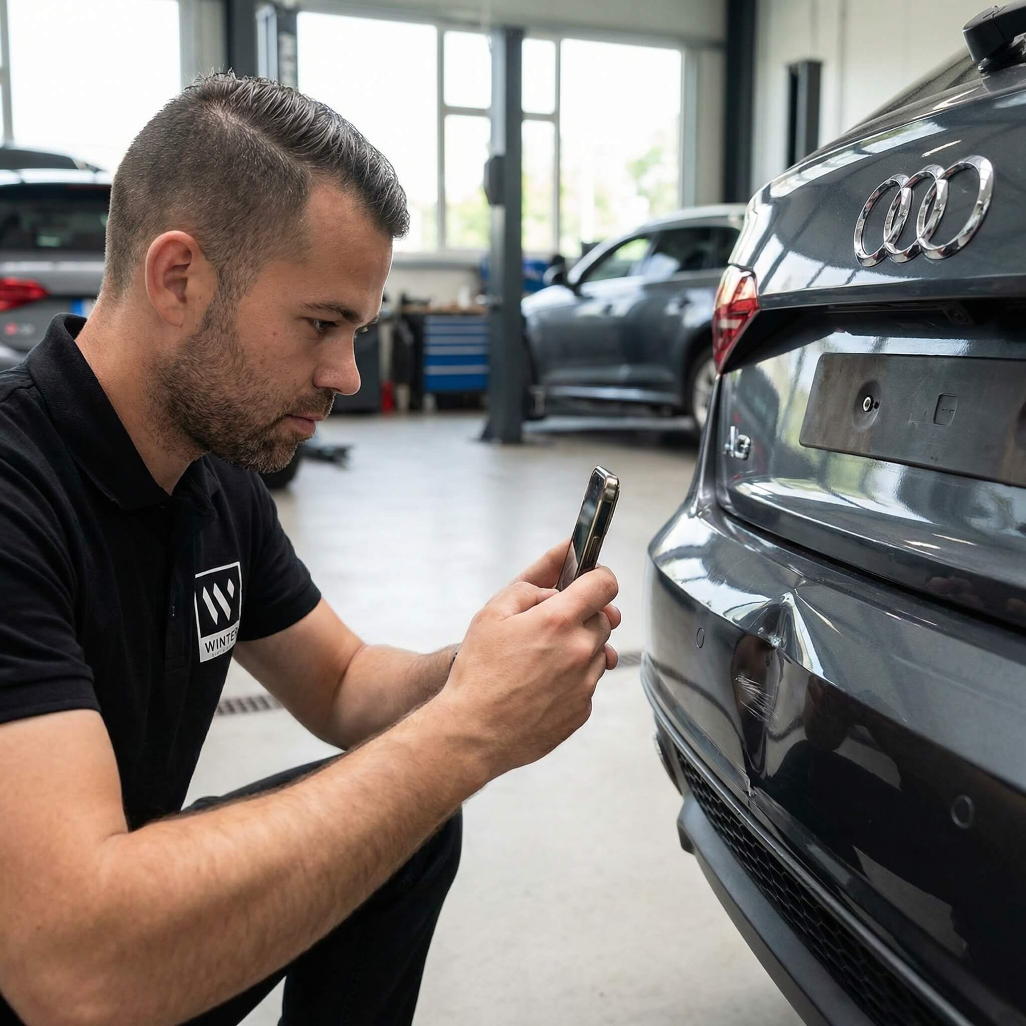 Ein Mann im schwarzen Shirt fotografiert das Heck eines dunklen Audi zur Fahrzeugbewertung in einer Autowerkstatt