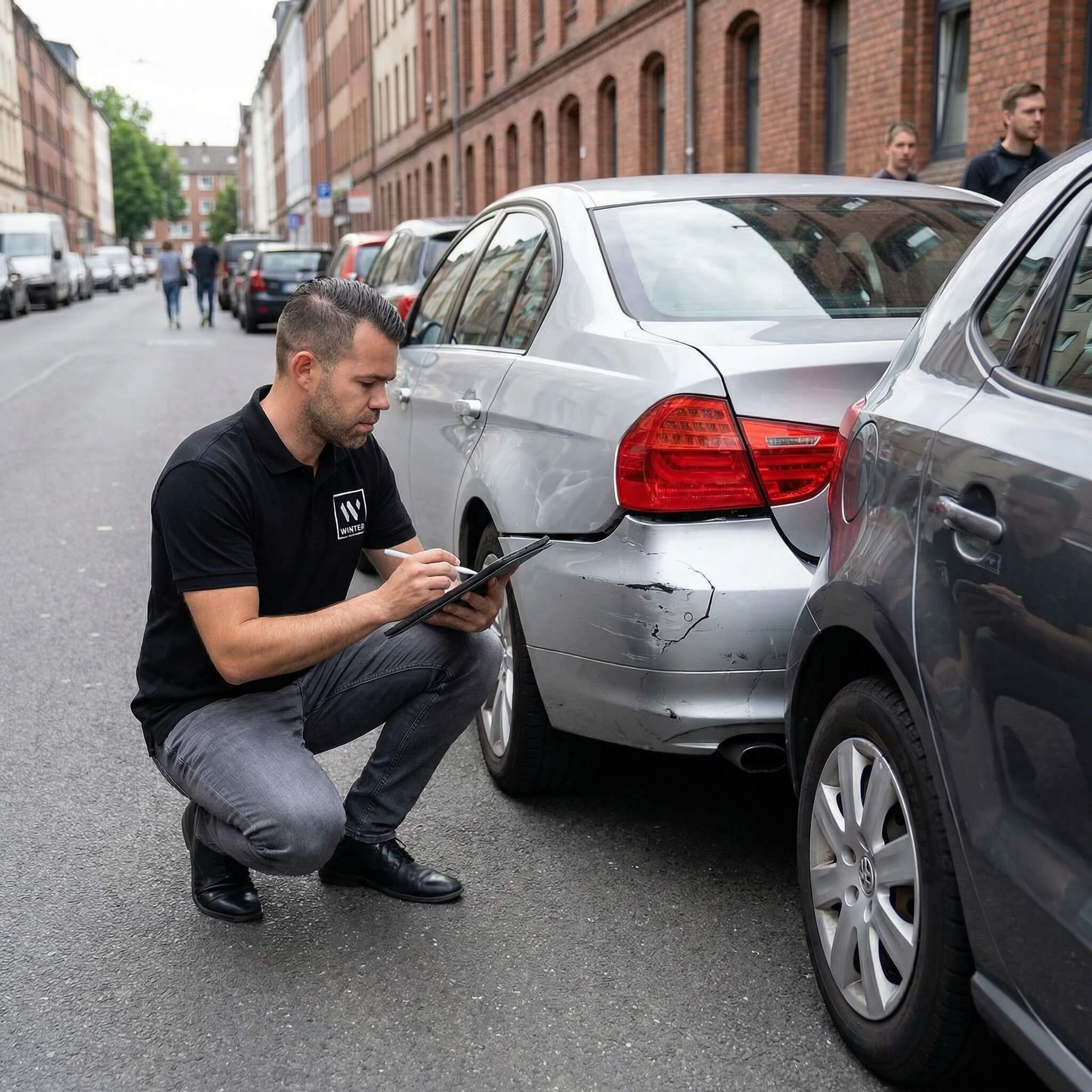 Ein Mann kniet neben einem beschädigten Auto, macht Notizen für ein Kfz-Gutachten auf einer Stadtstraße mit geparkten Autos