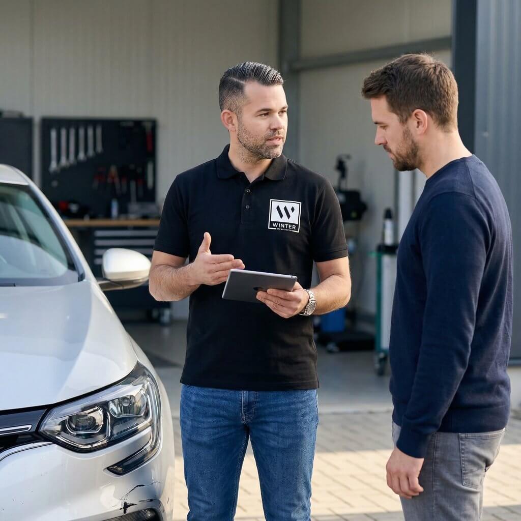 Zwei Männer besprechen ein Kfz-Gutachten neben einem Auto mit beschädigter Stoßstange, einer hält ein Tablet im Freien vor der Werkstatt