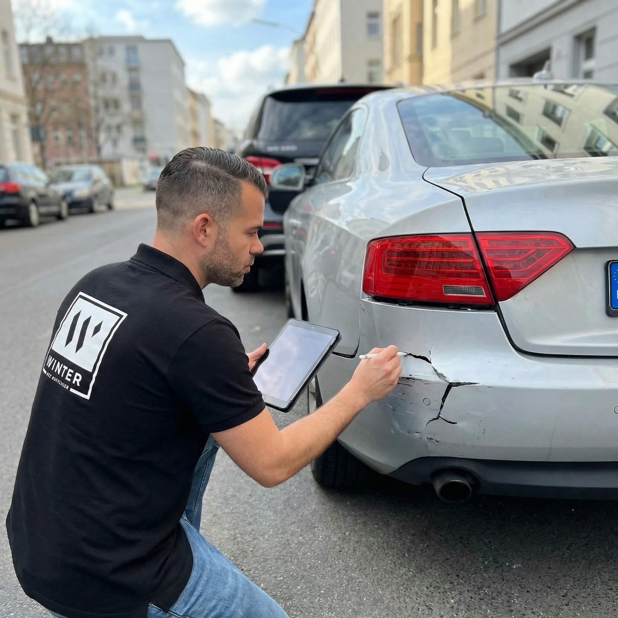 Ein Mann mit Tablet begutachtet und dokumentiert für ein Unfallgutachten einen verkratzten Heckstoßfänger an einem silbernen Auto auf der Straße