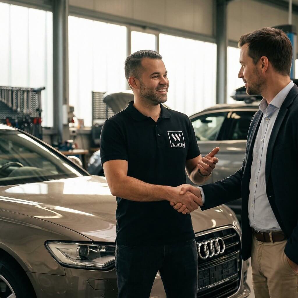 Zwei Männer schütteln sich nach einer erfolgreichen Fahrzeugbewertung in einer hellen Werkstatt neben einem Audi die Hand und lächeln