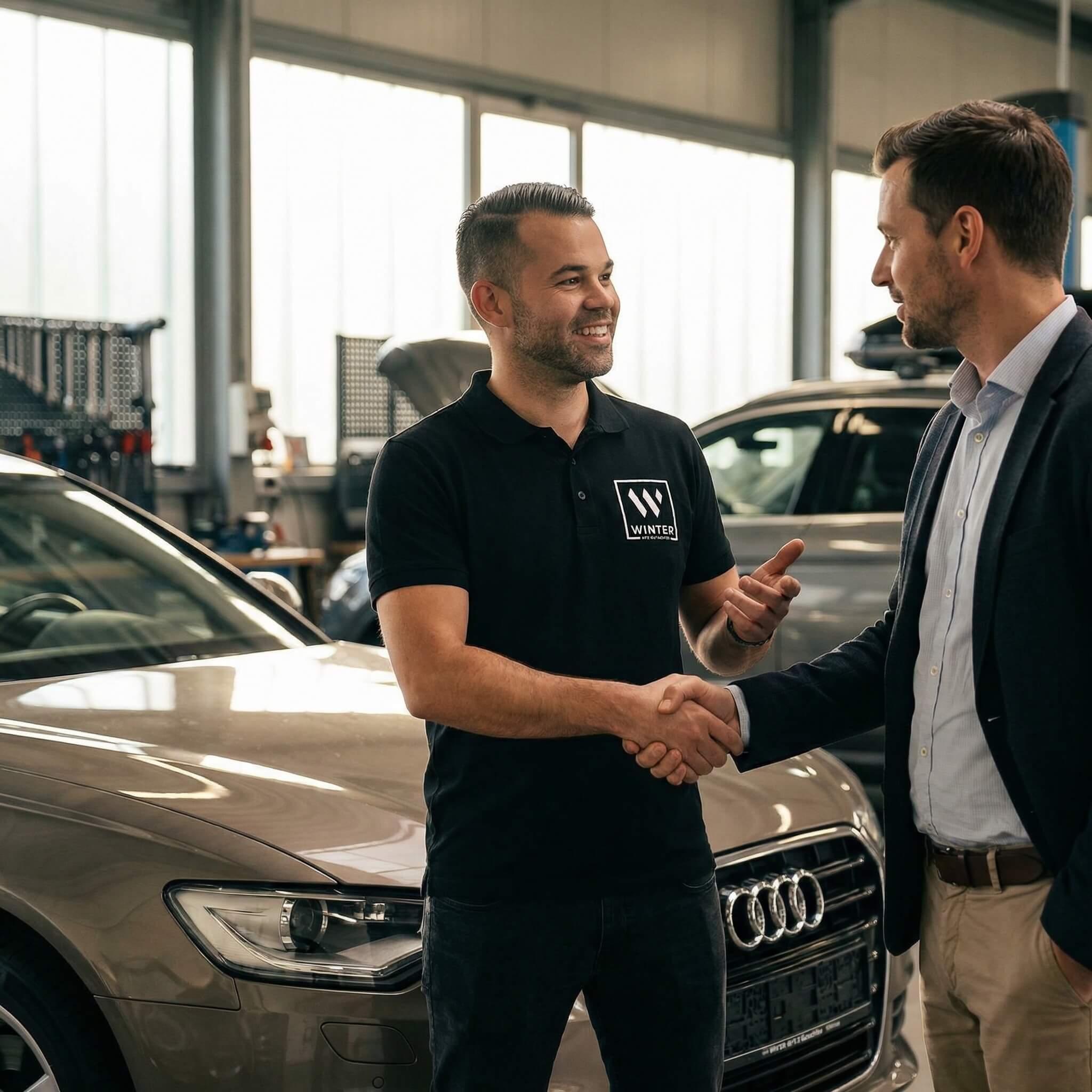 Zwei Männer schütteln sich nach einer erfolgreichen Fahrzeugbewertung in einer hellen Werkstatt neben einem Audi die Hand und lächeln