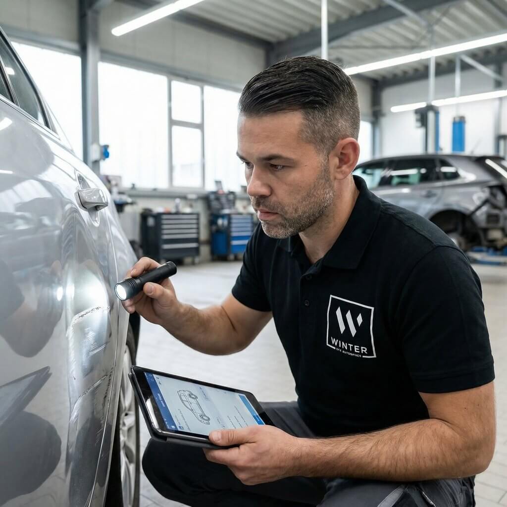 Ein Mann prüft mit einer Taschenlampe eine Delle am Auto und hält ein Tablet beim Erstellen eines Unfallgutachtens in der Werkstatt