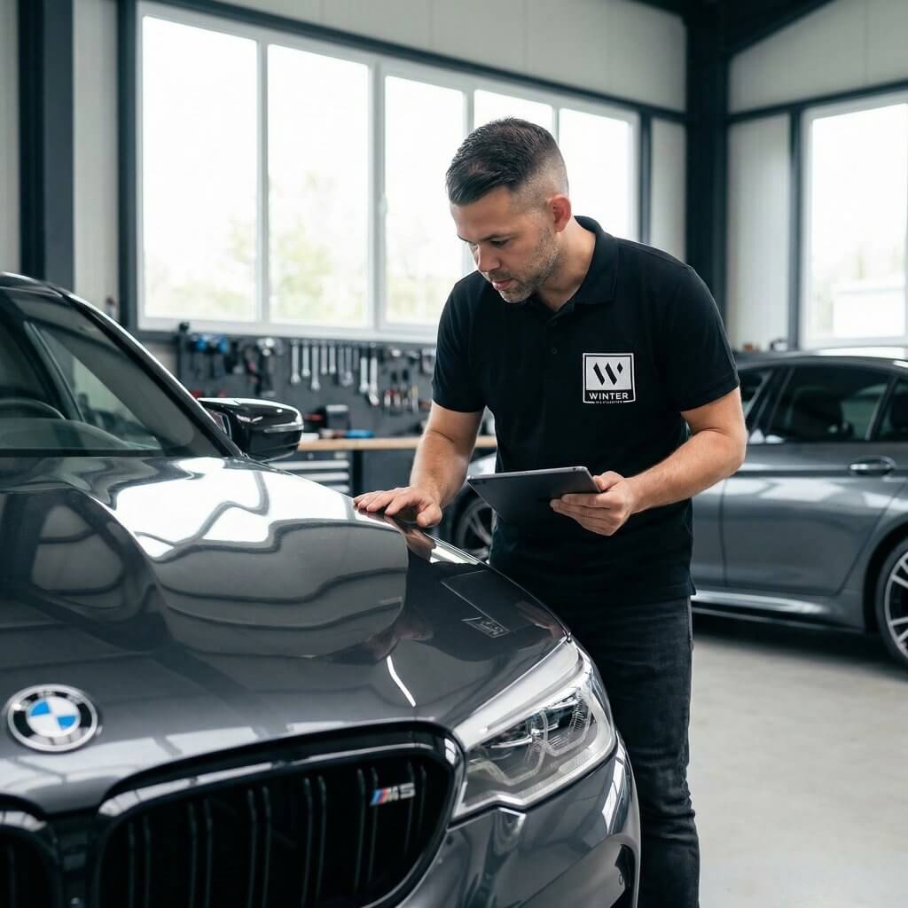 Ein Mann im schwarzen Polo führt eine Fahrzeugbewertung eines grauen BMW in einer hellen Garage durch, hält ein Tablet und prüft die Motorhaube