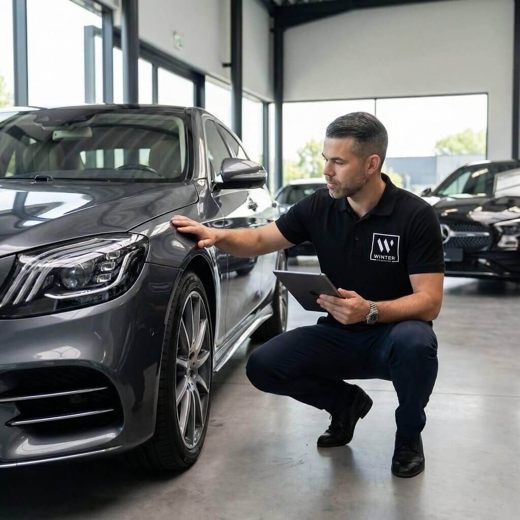 Ein Mann kniet im Autohaus neben einem Fahrzeug und prüft mit einem Tablet den vorderen Radbereich für ein Unfallgutachten
