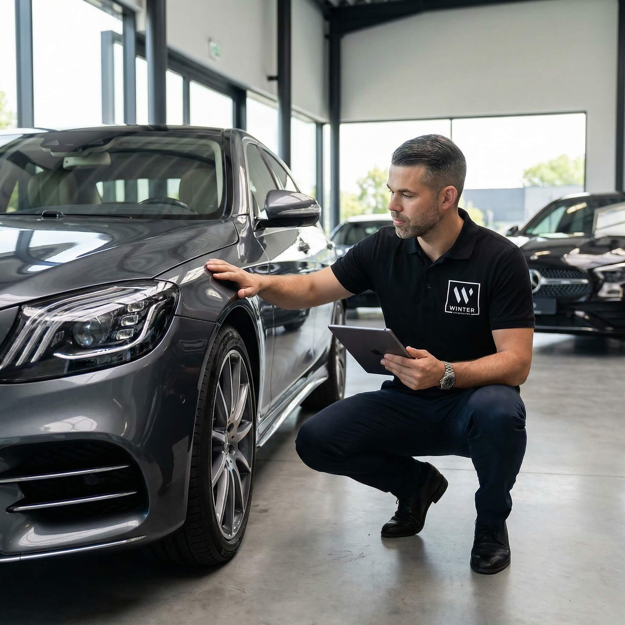 Ein Mann kniet im Autohaus neben einem Fahrzeug und prüft mit einem Tablet den vorderen Radbereich für ein Unfallgutachten