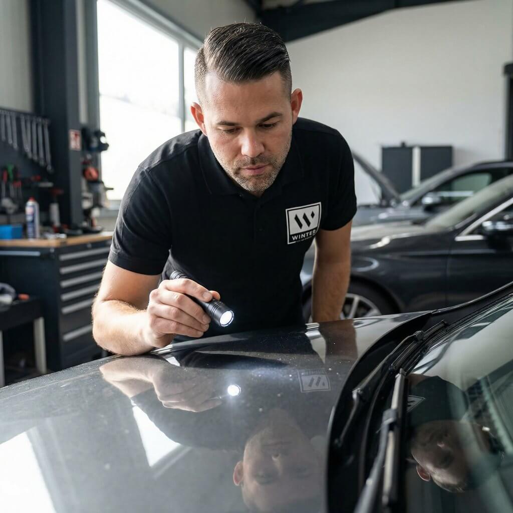 Ein Mann prüft im Rahmen einer Fahrzeugbewertung die Motorhaube eines Autos mit einer Taschenlampe in der Garage und trägt ein Poloshirt mit Logo