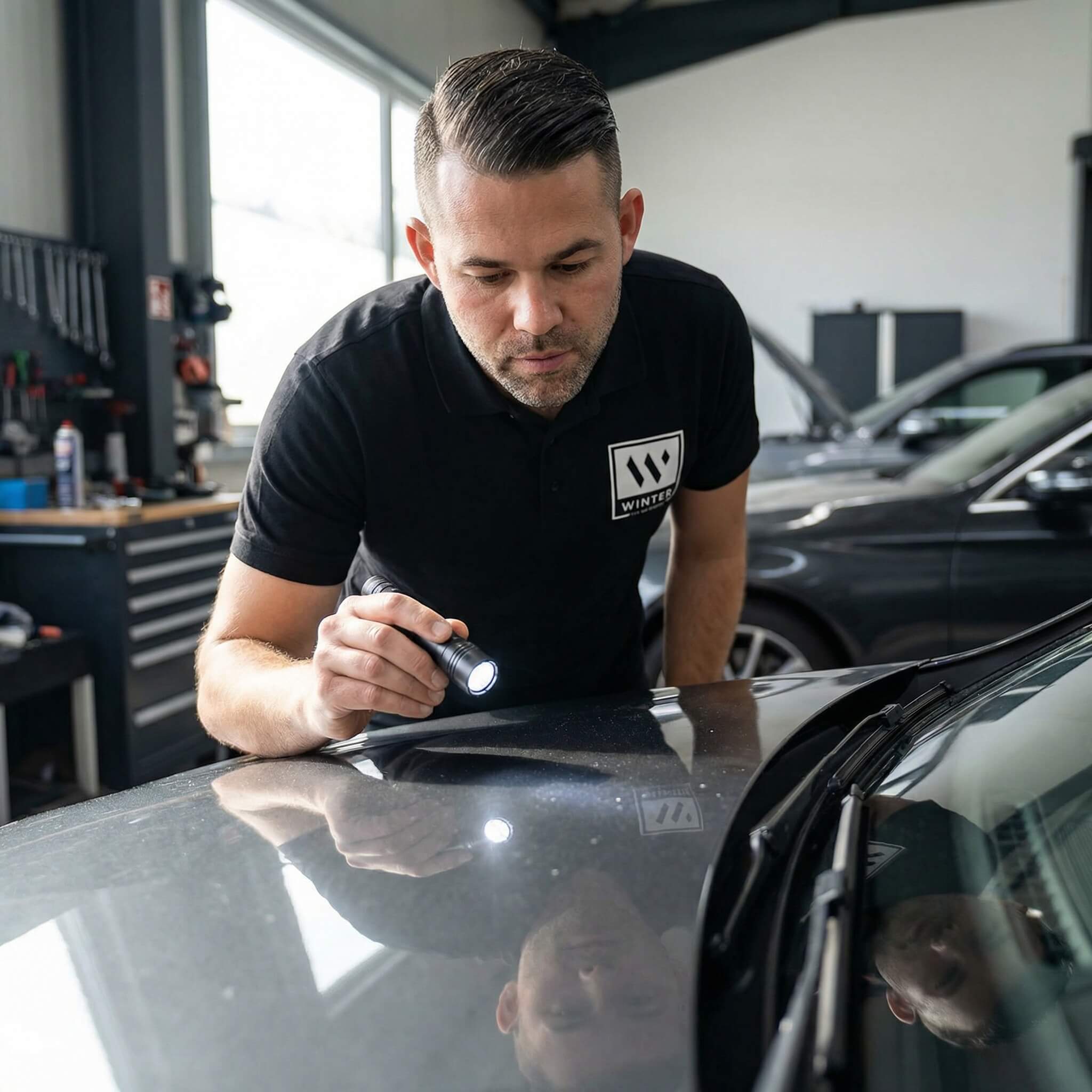 Ein Mann prüft im Rahmen einer Fahrzeugbewertung die Motorhaube eines Autos mit einer Taschenlampe in der Garage und trägt ein Poloshirt mit Logo