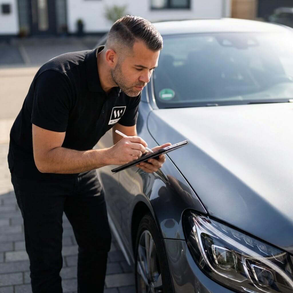 Ein Mann im schwarzen Poloshirt führt eine Fahrzeugbewertung durch, betrachtet ein Auto und notiert etwas auf einem Klemmbrett