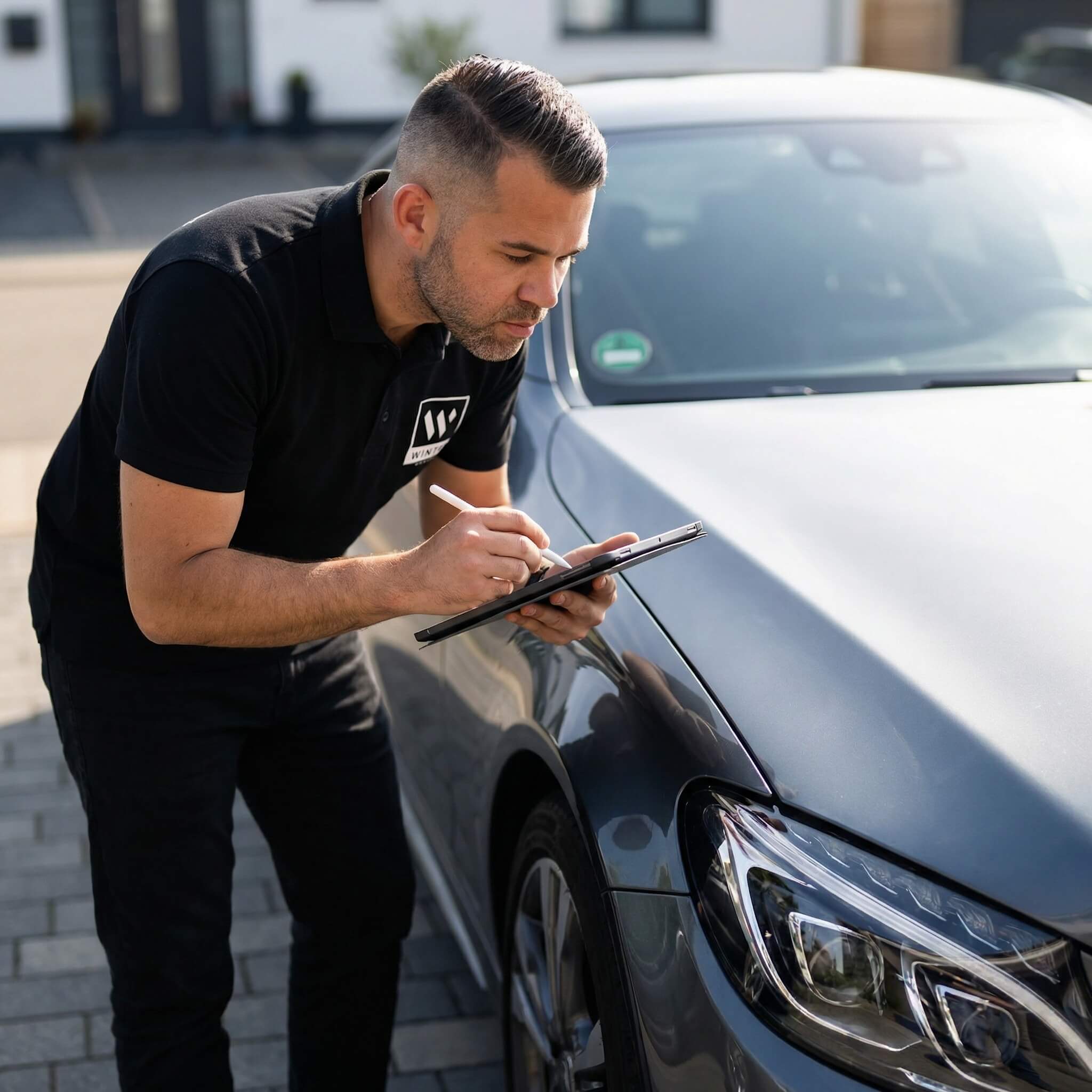 Ein Mann im schwarzen Poloshirt führt eine Fahrzeugbewertung durch, betrachtet ein Auto und notiert etwas auf einem Klemmbrett