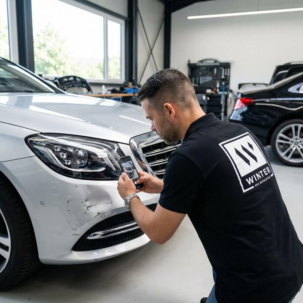 Ein Mann im Winterhemd fotografiert Kratzer am vorderen Stoßfänger eines weißen Autos zur Fahrzeugbewertung in einer Garage