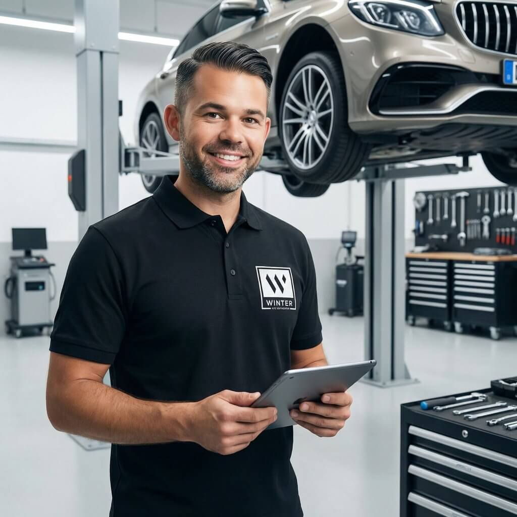 Ein lächelnder Mechaniker hält ein Tablet in einer modernen Werkstatt und ist bereit, beim Unfallgutachten zu helfen, während ein Auto angehoben wird