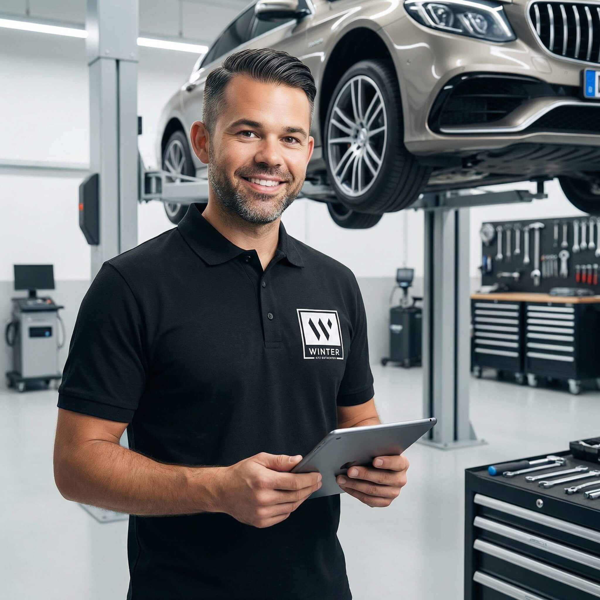 Ein lächelnder Mechaniker hält ein Tablet in einer modernen Werkstatt und ist bereit, beim Unfallgutachten zu helfen, während ein Auto angehoben wird