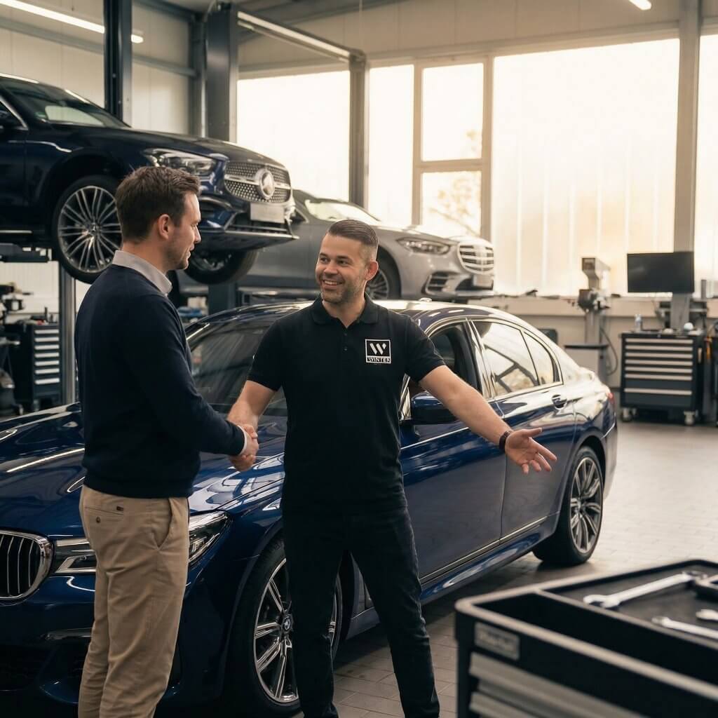 Zwei Männer geben sich die Hand und lächeln in einer modernen Autowerkstatt, sprechen über Fahrzeugbewertung zwischen Luxusautos und Werkzeugen