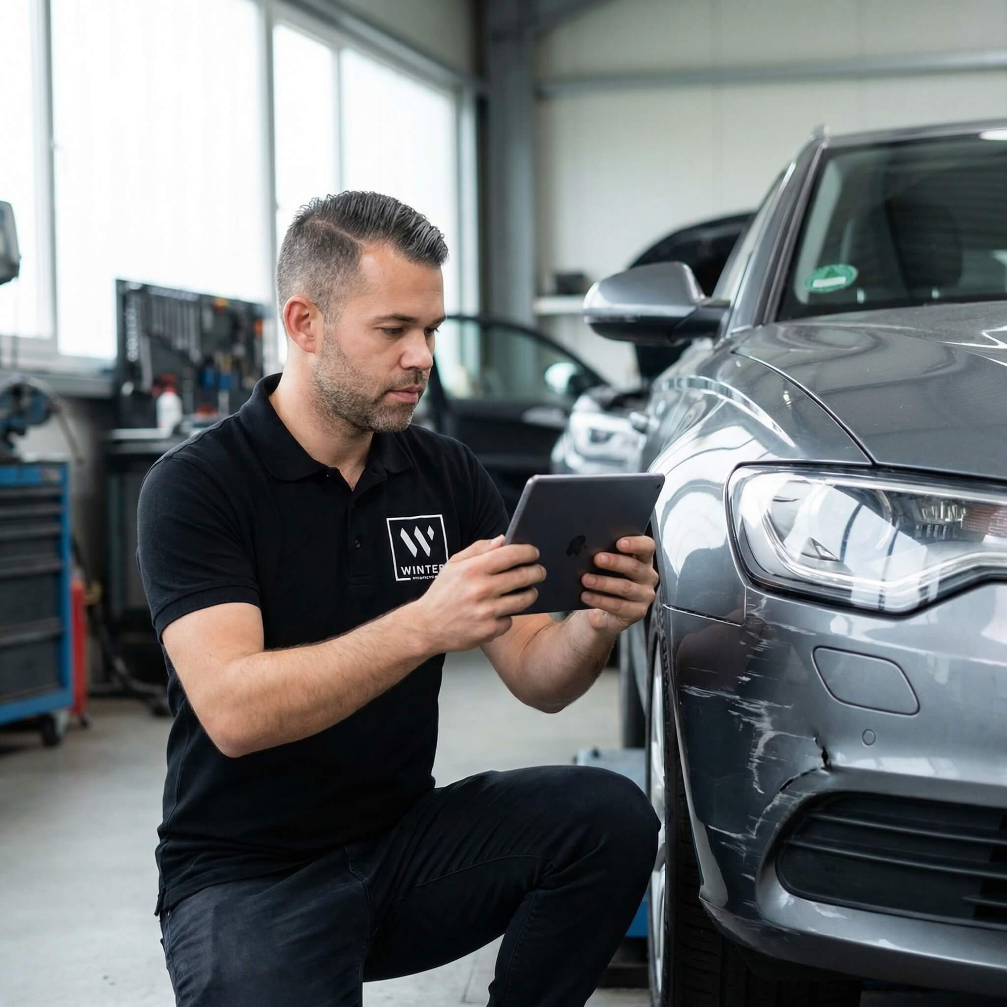Ein Mechaniker kniet neben einem zerkratzten Auto in einer Werkstatt, führt eine Fahrzeugbewertung durch und nutzt dafür ein Tablet